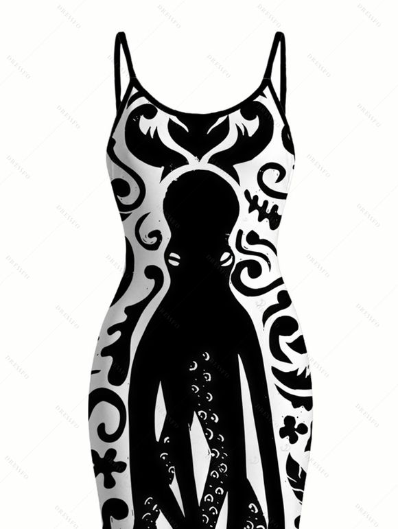 Vacation Gothic Dress Colorblock Octopus Totem Print Bodycon Mermaid Maxi Dress - Noir XXL | US 14