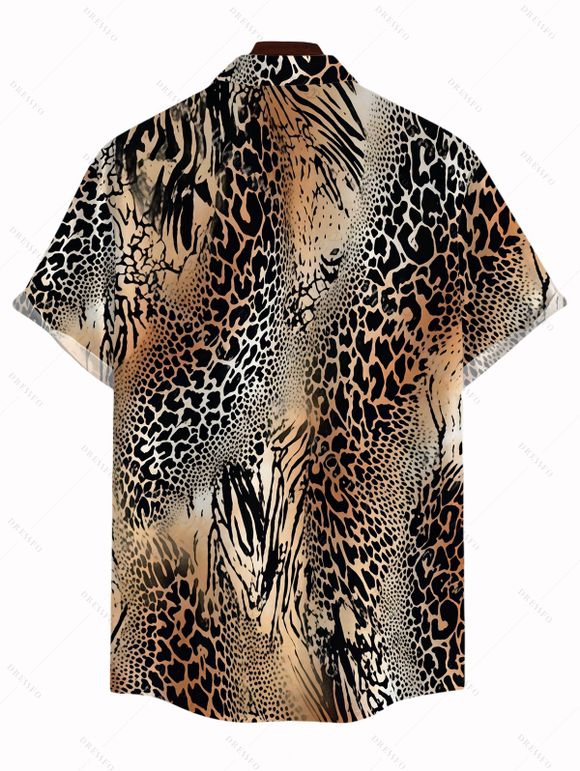 Men's Vacation Shirt Mixed Leopard Tiger Patchwork Print Button Up Shirt - Brun 5XL