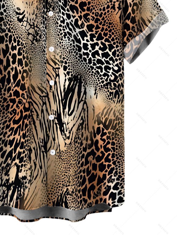 Men's Vacation Shirt Mixed Leopard Tiger Patchwork Print Button Up Shirt - Brun 5XL