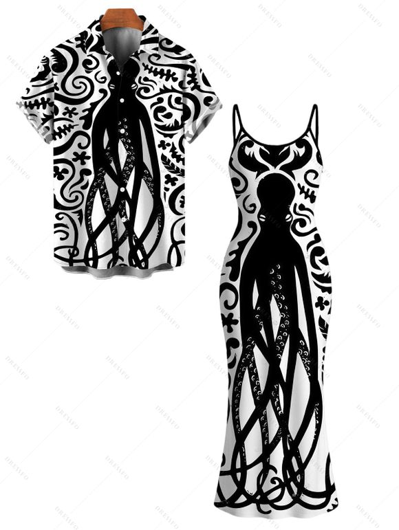 Vacation Gothic Couple Outfit Colorblock Octopus Totem Print Bodycon Mermaid Maxi Dress and Shirt Set - Noir S | US 4