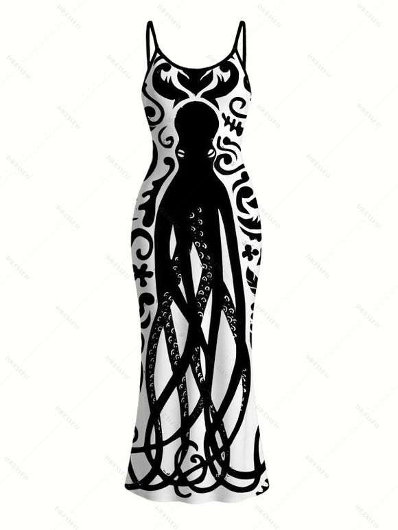 Vacation Gothic Couple Outfit Colorblock Octopus Totem Print Bodycon Mermaid Maxi Dress and Shirt Set - Noir S | US 4