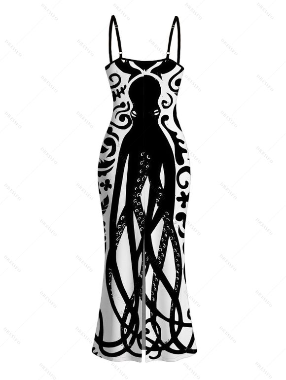 Vacation Gothic Couple Outfit Colorblock Octopus Totem Print Bodycon Mermaid Maxi Dress and Shirt Set - Noir S | US 4