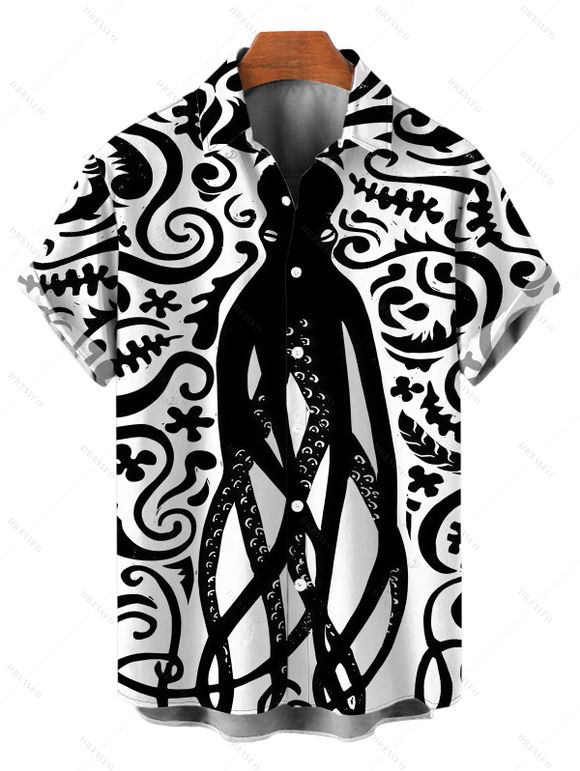 Vacation Gothic Couple Outfit Colorblock Octopus Totem Print Bodycon Mermaid Maxi Dress and Shirt Set - Noir S | US 4