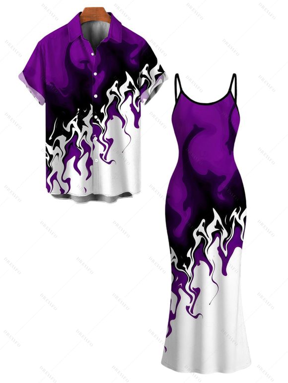 Vacation Couple Outfit Contrast Color Flame Print Bodycon Mermaid Maxi Dress and Shirt Set - Concorde S | US 4