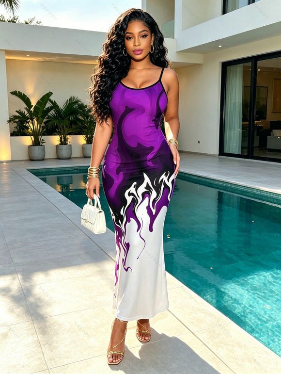Vacation Couple Outfit Contrast Color Flame Print Bodycon Mermaid Maxi Dress and Shirt Set - Concorde S | US 4
