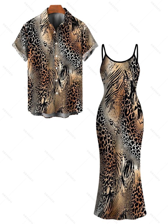 Vacation Couple Outfit Mixed Leopard Tiger Patchwork Print Bodycon Mermaid Maxi Dress and Shirt Set - Brun S | US 4