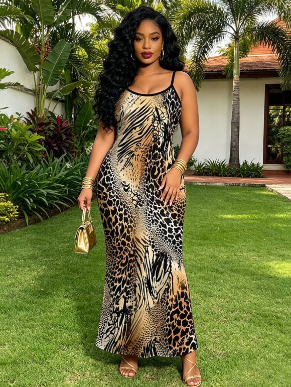 Vacation Couple Outfit Mixed Leopard Tiger Patchwork Print Bodycon Mermaid Maxi Dress and Shirt Set - Brun S | US 4