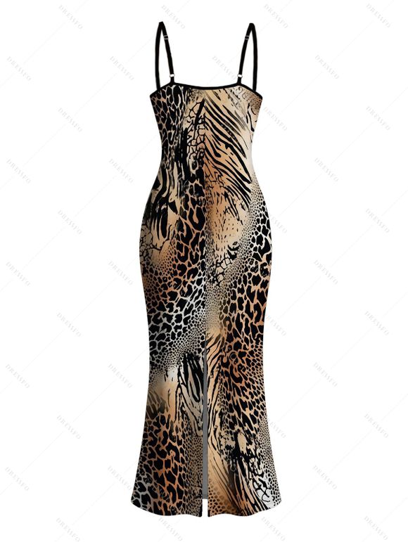 Vacation Couple Outfit Mixed Leopard Tiger Patchwork Print Bodycon Mermaid Maxi Dress and Shirt Set - Brun S | US 4