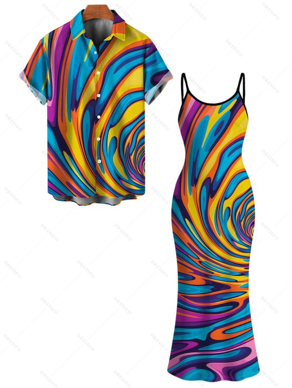 Vacation Couple Outfit Colorful Swirl Abstract Ripple Print Bodycon Mermaid Maxi Dress and Shirt Set - multicolor A S | US 4