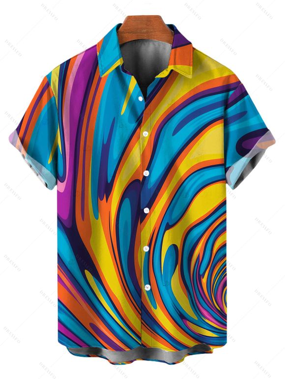 Vacation Couple Outfit Colorful Swirl Abstract Ripple Print Bodycon Mermaid Maxi Dress and Shirt Set - multicolor A S | US 4