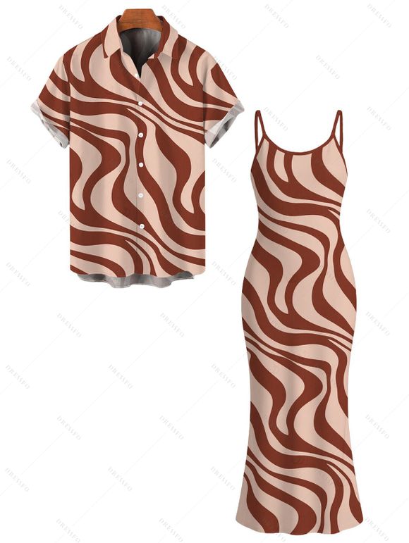 Vacation Couple Outfit Swirl Abstract Wave Print Bodycon Mermaid Maxi Dress and Shirt Set - Abricot S | US 4