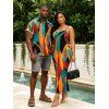 Bohemian Vacation Couple Outfit Colorful Abstract Geometric Print Spaghetti Strap Bodycon Dress and Shirt Set - multicolor S | US 4