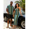 Hawaiian Vacation Couple Outfit Colorblock Zig Zag Print Bodycon Mermaid Maxi Dress and Shirt Set - multicolor S | US 4