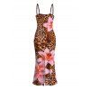 Vacation Couple Outfit Lily Floral Leopard Print Bodycon Mermaid Maxi Dress and Shirt Set - Brun Légère S | US 4