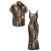 Vacation Couple Outfit Mixed Leopard Tiger Patchwork Print Bodycon Mermaid Maxi Dress and Shirt Set - Brun S | US 4