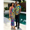 Vacation Couple Outfit Colorful Swirl Abstract Ripple Print Bodycon Mermaid Maxi Dress and Shirt Set - multicolor A S | US 4