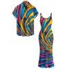 Vacation Couple Outfit Colorful Swirl Abstract Ripple Print Bodycon Mermaid Maxi Dress and Shirt Set - multicolor A S | US 4