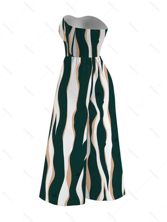 Vacation Couple Outfit Colorblock Abstract Wavy Stripe Print Tied Pocket Off the Shoulder Jumpsuit and Shirt Set - DEEP GREEN S | US 4