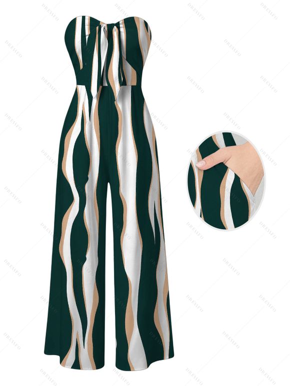 Vacation Couple Outfit Colorblock Abstract Wavy Stripe Print Tied Pocket Off the Shoulder Jumpsuit and Shirt Set - DEEP GREEN S | US 4