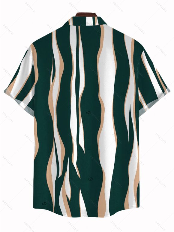 Vacation Couple Outfit Colorblock Abstract Wavy Stripe Print Tied Pocket Off the Shoulder Jumpsuit and Shirt Set - DEEP GREEN S | US 4