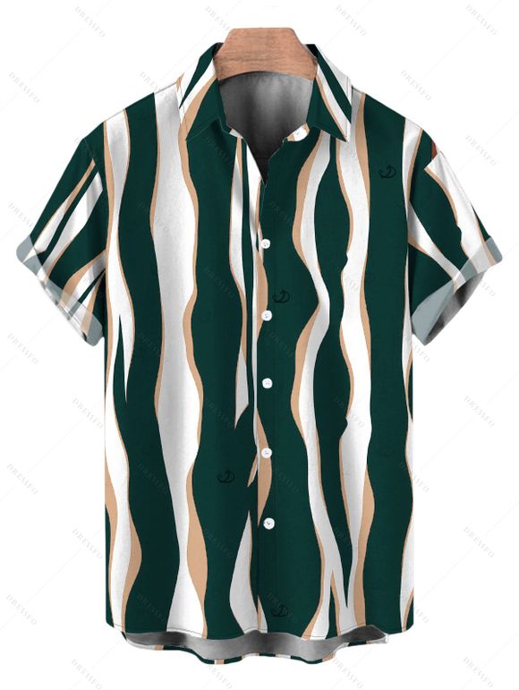 Vacation Couple Outfit Colorblock Abstract Wavy Stripe Print Tied Pocket Off the Shoulder Jumpsuit and Shirt Set - DEEP GREEN S | US 4
