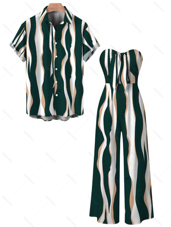 Vacation Couple Outfit Colorblock Abstract Wavy Stripe Print Tied Pocket Off the Shoulder Jumpsuit and Shirt Set - DEEP GREEN S | US 4