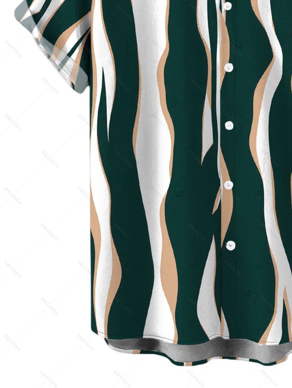 Vacation Couple Outfit Colorblock Abstract Wavy Stripe Print Tied Pocket Off the Shoulder Jumpsuit and Shirt Set - DEEP GREEN S | US 4