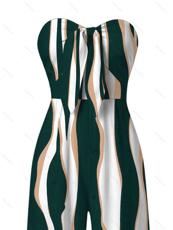 Vacation Jumpsuit Colorblock Abstract Wavy Stripe Print Tied Pocket Off the Shoulder Jumpsuit - Vert profond S | US 4