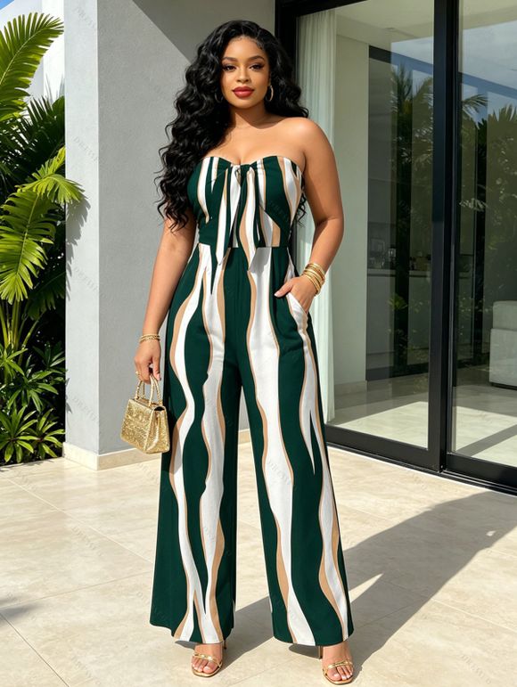 Vacation Couple Outfit Colorblock Abstract Wavy Stripe Print Tied Pocket Off the Shoulder Jumpsuit and Shirt Set - DEEP GREEN S | US 4