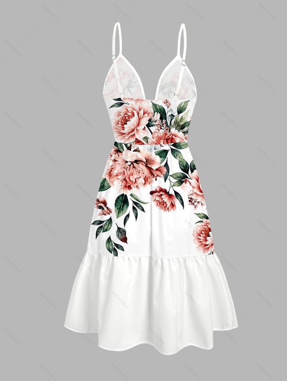Vacation Dress Watercolor Peony Floral Leaf Print Cut Out Plunging Neck Tiered Flowy Dress - Blanc XXL | US 14