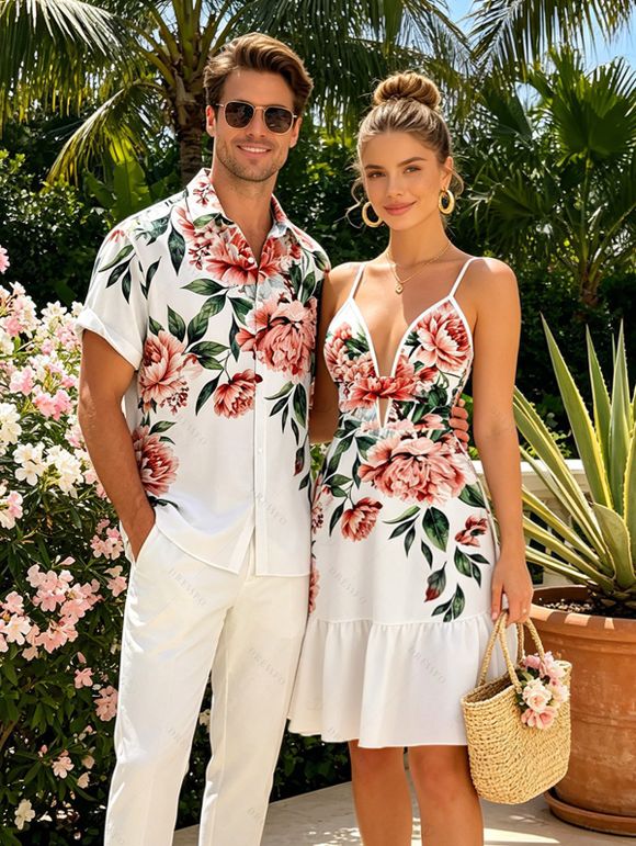 Vacation Couple Outfit Watercolor Peony Floral Leaf Print Cut Out Plunging Neck Tiered Flowy Dress and Shirt Set - Blanc S | US 4