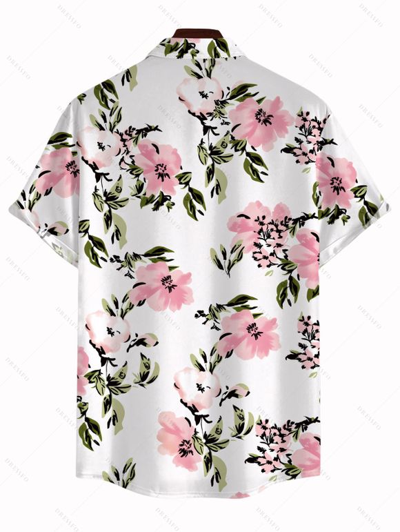 Men's Vacation Shirt Watercolor Pink Peony Floral Print Button Up Shirt - Blanc 5XL