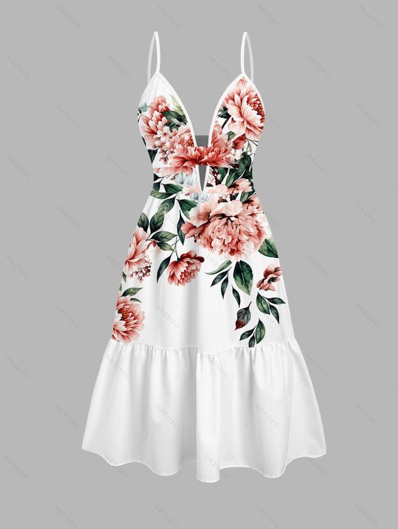 Vacation Couple Outfit Watercolor Peony Floral Leaf Print Cut Out Plunging Neck Tiered Flowy Dress and Shirt Set - Blanc S | US 4