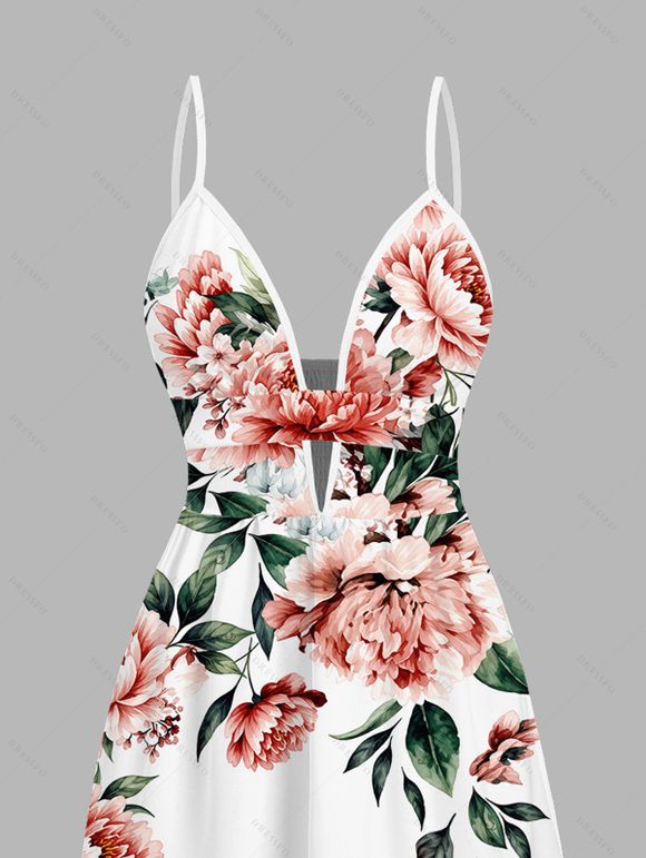Vacation Couple Outfit Watercolor Peony Floral Leaf Print Cut Out Plunging Neck Tiered Flowy Dress and Shirt Set - Blanc S | US 4