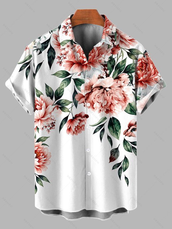 Vacation Couple Outfit Watercolor Peony Floral Leaf Print Cut Out Plunging Neck Tiered Flowy Dress and Shirt Set - Blanc S | US 4
