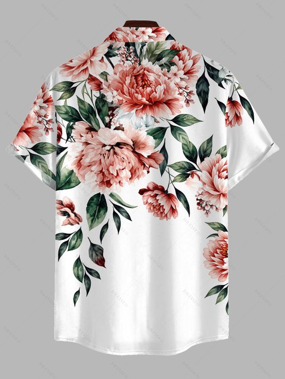Vacation Couple Outfit Watercolor Peony Floral Leaf Print Cut Out Plunging Neck Tiered Flowy Dress and Shirt Set - Blanc S | US 4