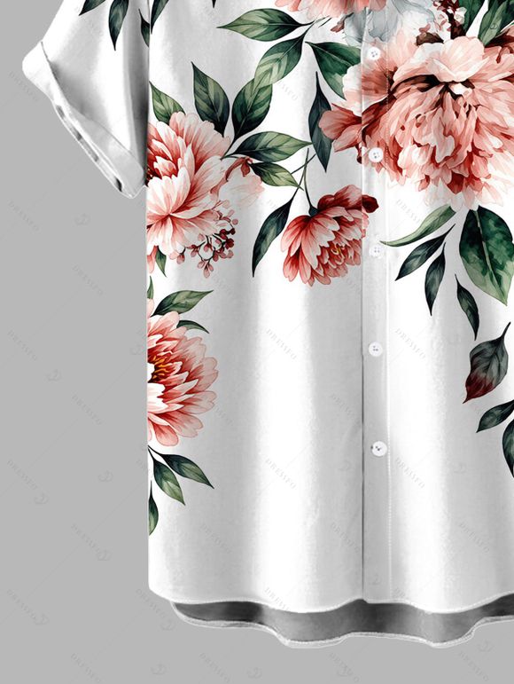 Men's Vacation Shirt Watercolor Peony Floral Leaf Print Button Up Shirt - Blanc 5XL