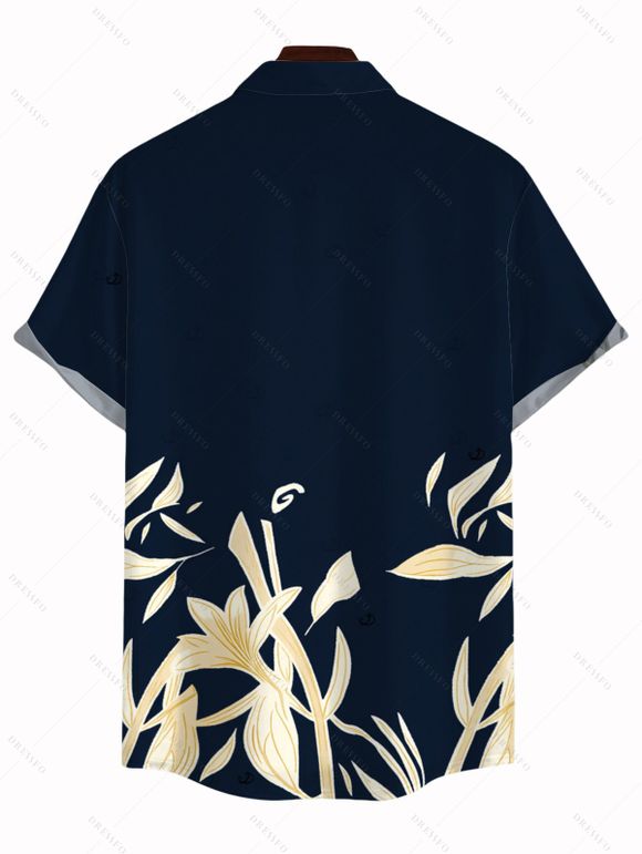 Men's Vacation Shirt Golden Lily Floral Print Button Up Shirt - Bleu de Minuit 5XL