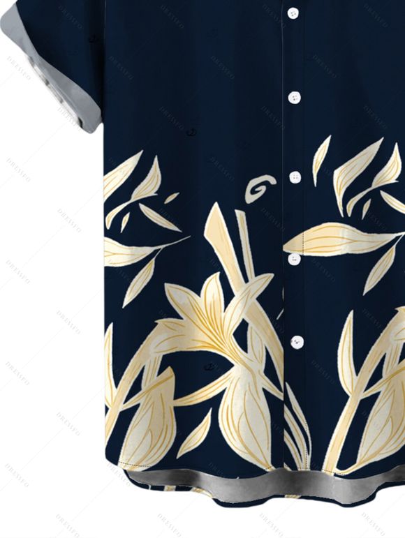 Men's Vacation Shirt Golden Lily Floral Print Button Up Shirt - Bleu de Minuit 5XL