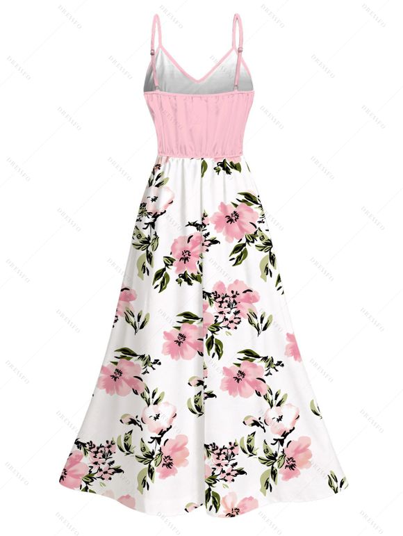 Vacation Dress Watercolor Pink Peony Floral Print Lace Hollow Out Slit Dress - Rose XXXXXL | US 20