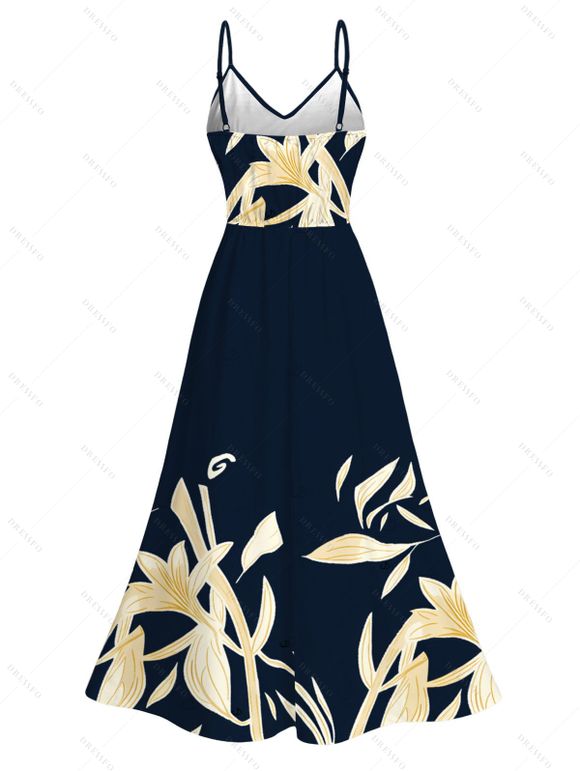 Vacation Dress Golden Lily Floral Print Lace Hollow Out Spaghetti Strap Slit Dress - Bleu de Minuit XXXXXL | US 20