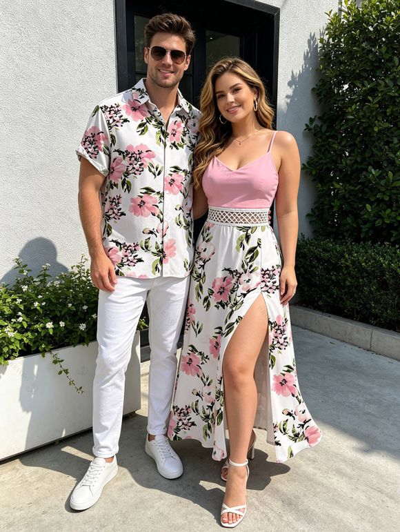 Vacation Couple Outfit Watercolor Pink Peony Floral Print Lace Hollow Out Slit Dress and Shirt Set - Rose S | US 4
