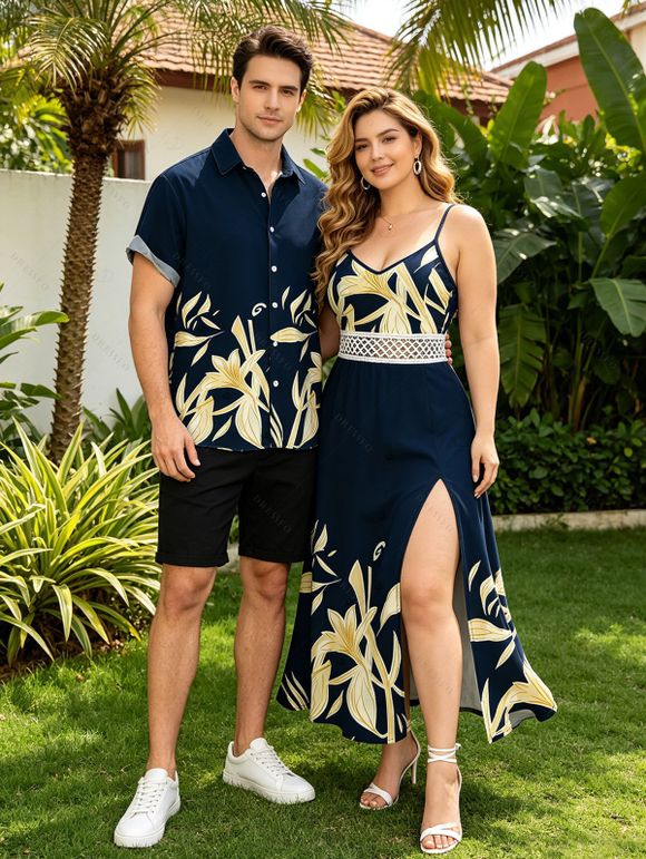 Hawaiian Vacation Couple Outfit Golden Lily Floral Print Lace Hollow Out Spaghetti Strap Slit Dress and Shirt Set - Bleu de Minuit S | US 4