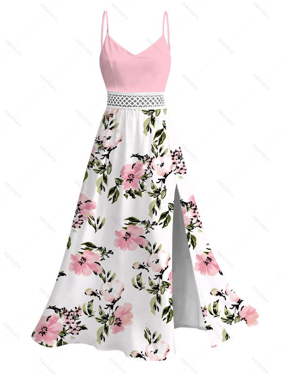 Vacation Couple Outfit Watercolor Pink Peony Floral Print Lace Hollow Out Slit Dress and Shirt Set - Rose S | US 4