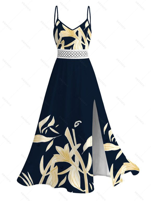 Hawaiian Vacation Couple Outfit Golden Lily Floral Print Lace Hollow Out Spaghetti Strap Slit Dress and Shirt Set - Bleu de Minuit S | US 4