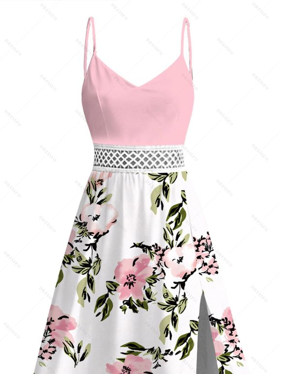 Vacation Couple Outfit Watercolor Pink Peony Floral Print Lace Hollow Out Slit Dress and Shirt Set - Rose S | US 4