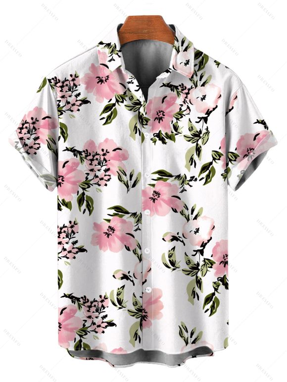 Vacation Couple Outfit Watercolor Pink Peony Floral Print Lace Hollow Out Slit Dress and Shirt Set - Rose S | US 4