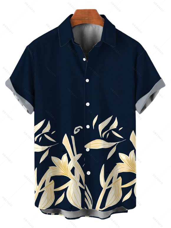 Hawaiian Vacation Couple Outfit Golden Lily Floral Print Lace Hollow Out Spaghetti Strap Slit Dress and Shirt Set - Bleu de Minuit S | US 4
