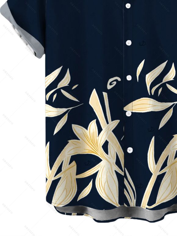 Hawaiian Vacation Couple Outfit Golden Lily Floral Print Lace Hollow Out Spaghetti Strap Slit Dress and Shirt Set - Bleu de Minuit S | US 4