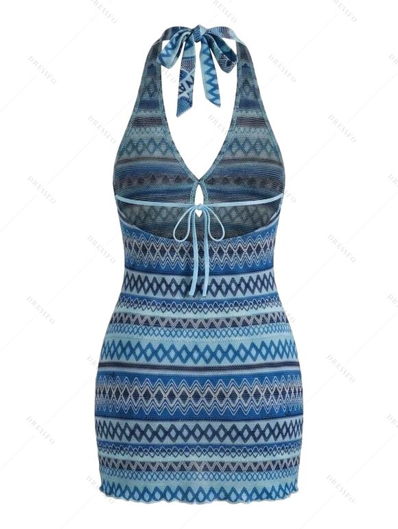 Bohemian Vacation Crochet Dress Zig Zag Geometric Print Cut Out Open Back Halter Mini Dress - Bleu XL | US 12